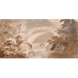 George Cuitt the Younger (1866-1941), view of a bridge in a valley, watercolour, 3.5" x 7".