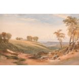 Style of Cornelius Varley (1781-1873) - Watercolour - "Auckland Castle", rural landscape with two
