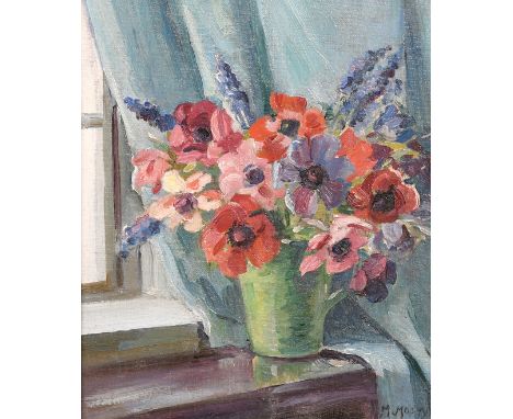 Marjorie Mostyn (1893-1979), a still life of summer flowers on a windowsill, oil on canvas, signed, 14" x 12" (36 x 30cm).