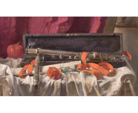 Georges Weissbort (1928-2013), still life with oboe, oil on canvas laid down, 9.5" x 16" (24 x 41cm), unframed.