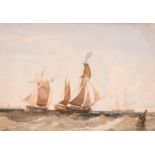 19th Century English School - Watercolour - Two Dutch sailing vessels and a man of war passing the