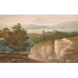 Edward Dayes (1763-1804) - Watercolour - "A View of Leek, Staffordshire", two figures on a path