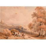 Edwin Wilkins Field (1804-1871), figures with a donkey resting in a landscape, watercolour, signed