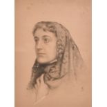 English School, Circa 1878, a charcoal and chalk head study of a lady in a shawl, 21" x 15.5", in