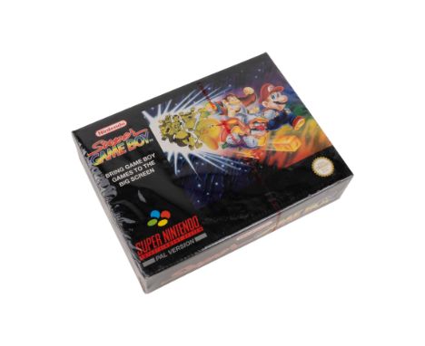 This lot contains a factory sealed Super Game Boy for the Super Nintendo. The Super Game Boy is an attachment that allows the