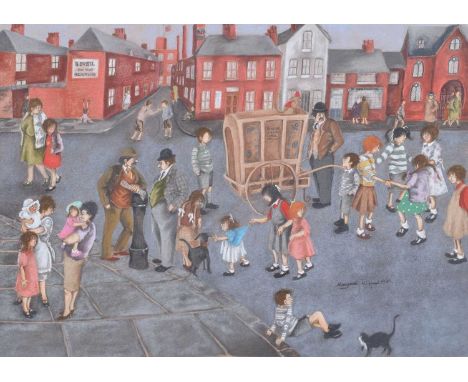 Elizabeth R. Hunt (British 20th century) Northern street scene with figures Signed and dated 1985, pastel.49 x 69cm (framed 6