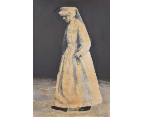 Harold Riley (British 1934-2023) Portrait of a walking nun Signed and dated '69, acrylic on paper laid on board.74.5 x 49cm (