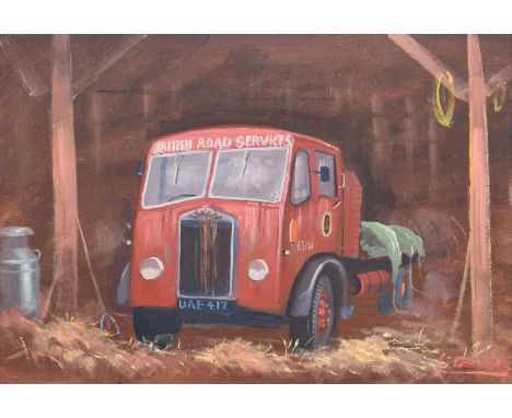 James Downie (British 1949-) Vintage lorry in a barn Signed, oil on board.29.5 x 40cm (framed 38.5 x 48.5cm)Artists’ Resale R