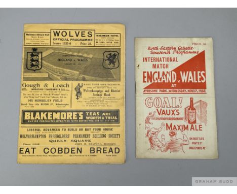 Two England v Wales international programmes, the first played at Wolverhampton Wanderers 5th February 1936, light folds, som