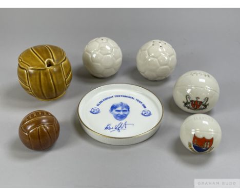 Six various ceramic footballs including cruet set and Crested wear example and an Alan Knight testimonial&nbsp;plate&nbsp;