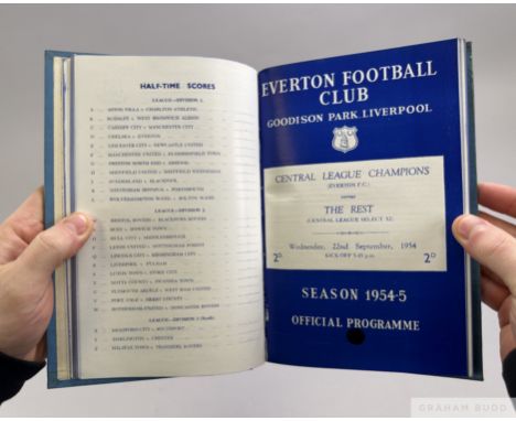 Bound volume of Everton home match programmes, 1954-55 from Public Practise Match, Blues v. Whites, single-sheet, 14th August