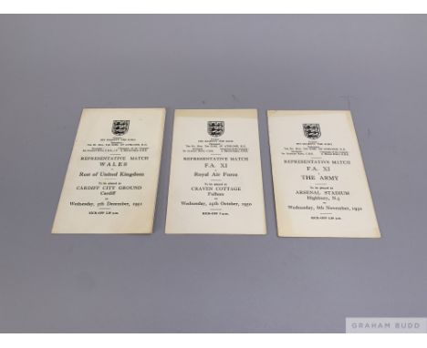 Three Football Association Representative Match Itinerary Cards comprising F.A. XI v. Royal Air Force, 25th October 1950, mat