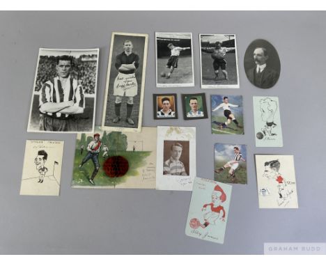 Collection of vintage football autographs,comprising single signatures, typically on pictures, cigarette cards, press photogr