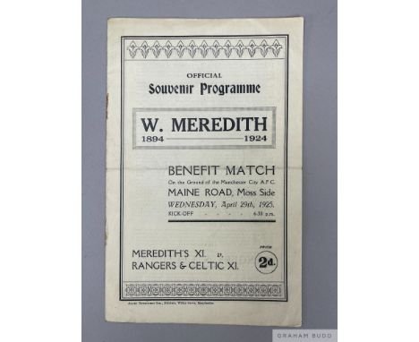 Football programme Billy Meredith benefit match played on 29th April 1925 at Maine Road between Meredith's XI v Rangers & Cel