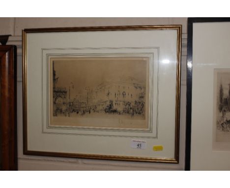 W. Walcot, pencil signed etching of an Edwardian London street scene