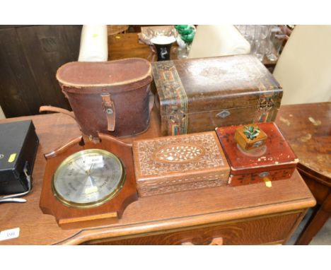 A painted and decorated trinket box; and a lacquered type Oriental box and a barometer 
