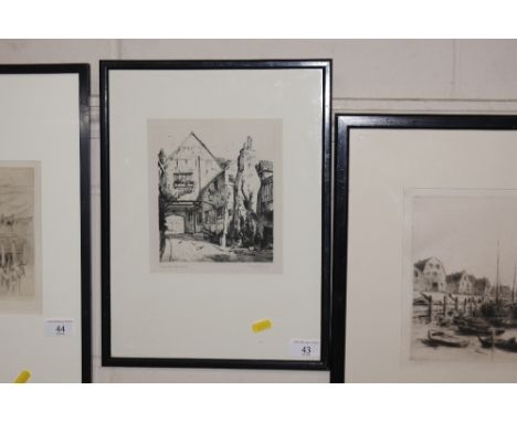 V. King, pencil signed etching "Angel Yard, Guildford"