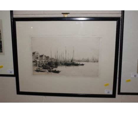 Indistinctly signed pencil signed etching of a harbour scene, limited edition 23/75