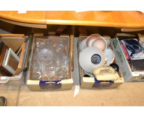 Two boxes containing various glassware to include a pair of thumb cut decanters, various sundry china, vintage telephone etc.