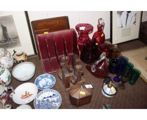 An antique wooden tea caddy and a pair of Art Deco book ends in the form of Scottie dogs etc.
