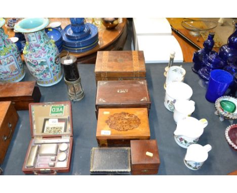 A marquetry inlaid trinket box;  together with a  mother of pearl inlaid box; a Victorian jewellery box AF etc.