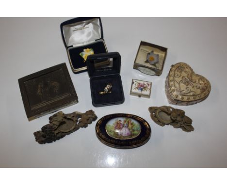 A shoe box and contents of miscellaneous items to include carved soapstone ornament, trinket boxes etc. 