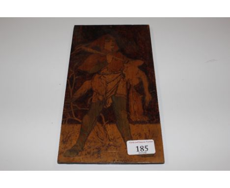 A poker work type wooden panel of a figure carrying a crossbow 