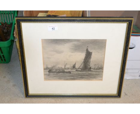 Pencil sketch depicting Thames River barges and other craft at Limehouse Reach