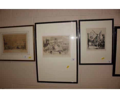 W. Walcot, pencil signed etching of a bust city street scene