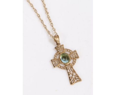 9 carat gold chain link necklace together with a pendant in the form of a cross set with a light blue stone, gross weight 3.8