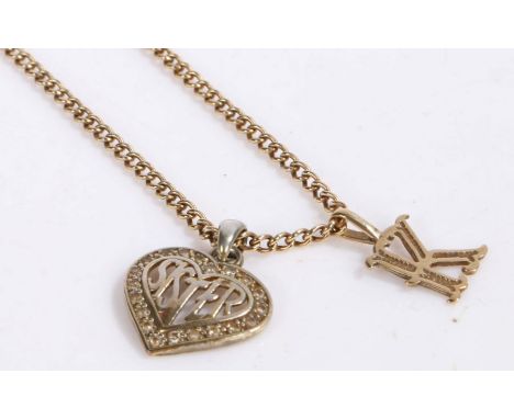9 carat gold chain link necklace together with two unmarked pendants on in the form of the letter K the other a heart with si