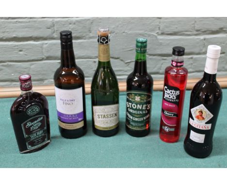 A selection of wines and spirits including schnapps, sloe ruby gin, sherry, ginger wine etc