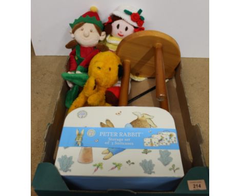 A mixed box of soft toys including a Sooty hand puppet, wooden childs stool and boxed Peter Rabbit suitcases