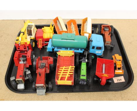 A Britains vintage tanker, a tractor crane and four farm vehicles plus a selection of various makers tractors etc
