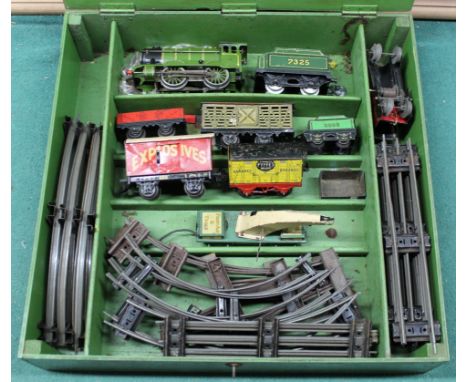 A large wood boxed Hornby train set with clockwork train and key, various tenders including explosives and first aid, track e