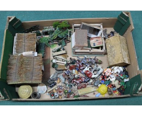 A large collection of vintage mainly Britains farmyard building and animals including fences, stable, chickens in coups etc (