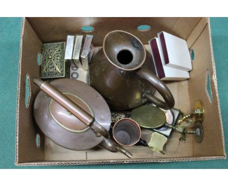 A seamed copper kettle and jug, a selection of miniature brass tip up tables, two boxed 'Glayva' traditional pocket flask and