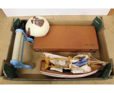 A box of mixed toys including a metal childs mangle, wooden sail boat, Mahjong set etc