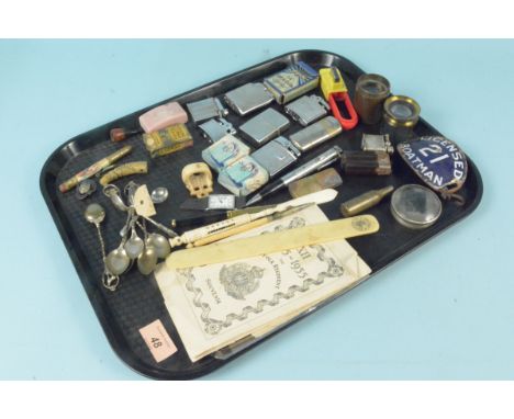 Mixed items including a vintage enamelled 'Licensed Boatman 21' arm crest, various lighters including a Ronson pen example et
