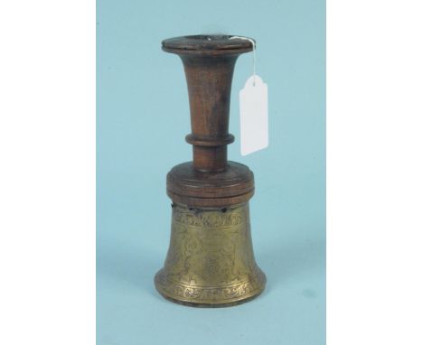 An unusual brass and wooden goblet/candlestick, 17cm high
