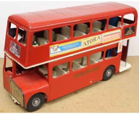 A vintage tin plate large London red bus, approx 57cm long (playworn)