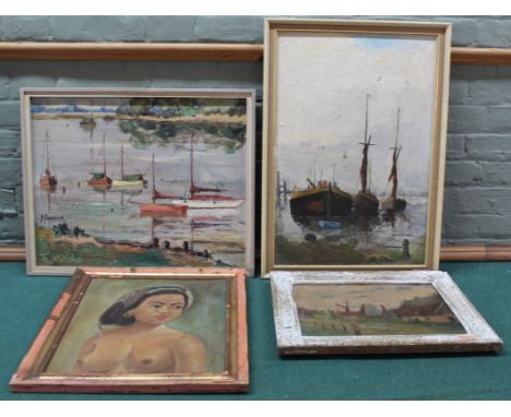 Four framed oils including boats at anchor, cottage scene, a half length nude female portrait and a river scene with yachts a