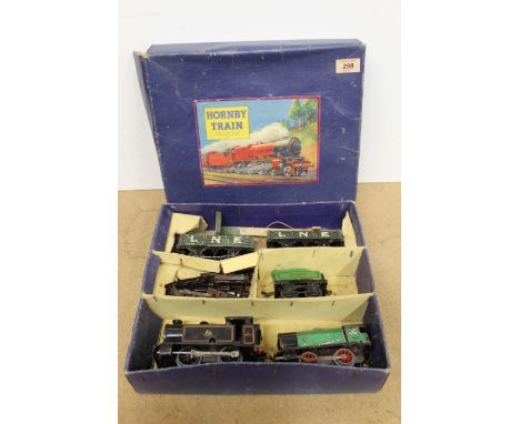 A boxed vintage Hornby No.1 goods train set including clockwork engines, tenders etc (all playworn)