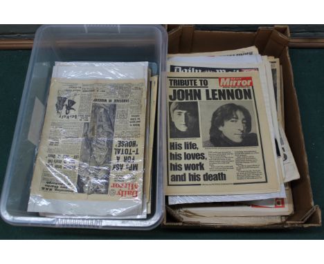 Two boxes of vintage newspapers, Daily Mirror from the late 1940's to 1980's