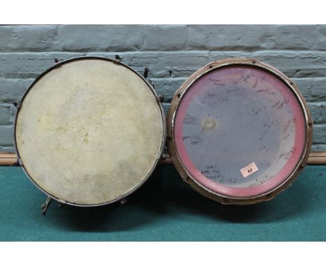 A vintage Eric Delaney snare drum, 33cm dia plus one other 34.5cm dia