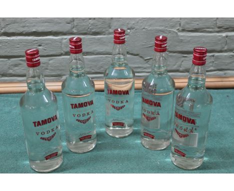 Five bottles of Tamova one litre bottles of vodka