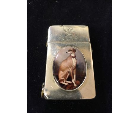 A silver lighter hallmarked Birmingham 1909 with an enamel of lurcher or greyhound, marked with a crest and the motto Fortuna