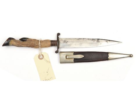 A 19th Century German hunting knife, 6” SE spear point blade (retains much original polish). Traditional goat’s foot hilt wit