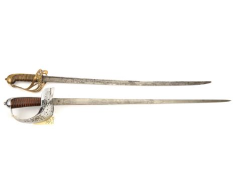 An Ed VII Indian Army 1897 pattern infantry officer’s sword,  straight fullered black, 33”, etched with crowned ERI cypher an