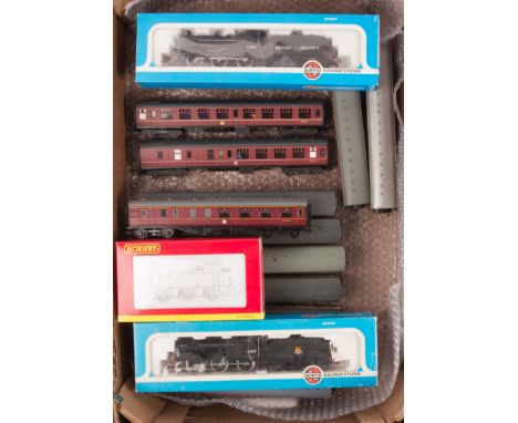 A quantity of OO gauge LMS/BR railway. 2x Airfix BR Class 4F 0-6-0 tender locomotives, 44557 and 44558, both in unlined black